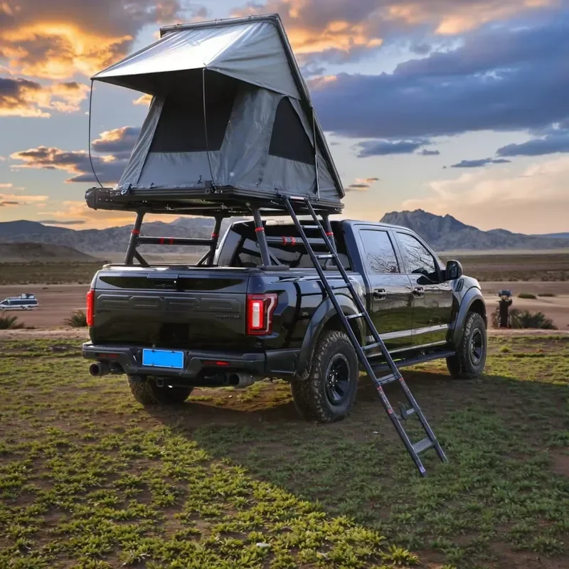 High Quality Heavy 2-4 Person Canvas Rooftop Tent Triangular Aluminium Hard Shell for Outdoor Camping 4x4 Offroad Car