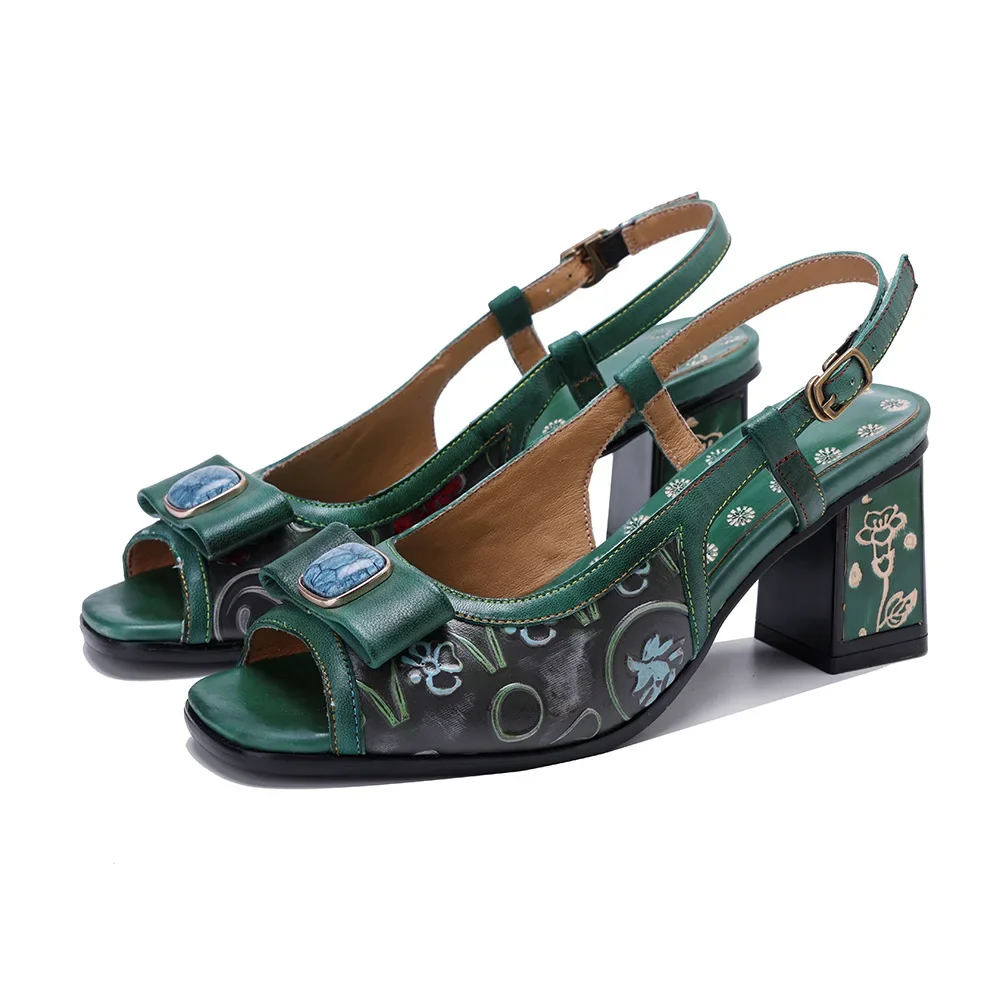 Careaymade-Summer Handmade Carving printing Painted Genuine Leather Women's Shoes Comfortable Thick Heeled High Heeled Sandals