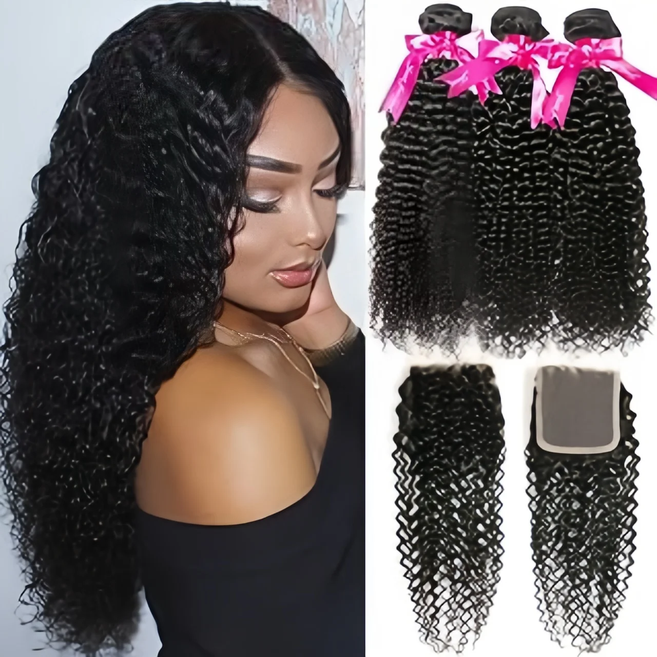 3 Bundles With 4x4 Lace Closure Human Hair Kinky Curly Lace Bundles With Closure Hair Extensions For Black Women Natural Color