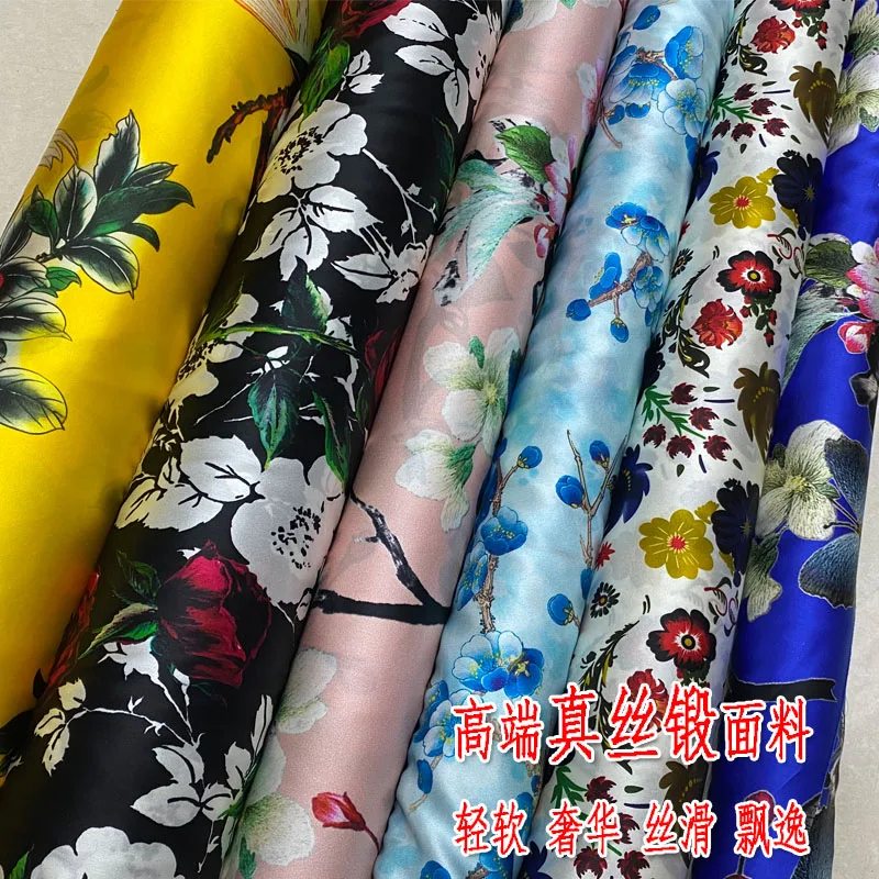 

19momme Silk Stretch Satin Clothing Cloth Plant Flower Shirt High-Grade Cheongsam Fabric