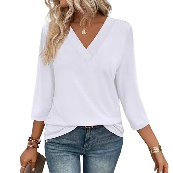 Amazon Women's V-neck 7-point Sleeve Top 2025 Spring New Foreign Trade Casual Women's Waist Knitted T-shirt Cw05020