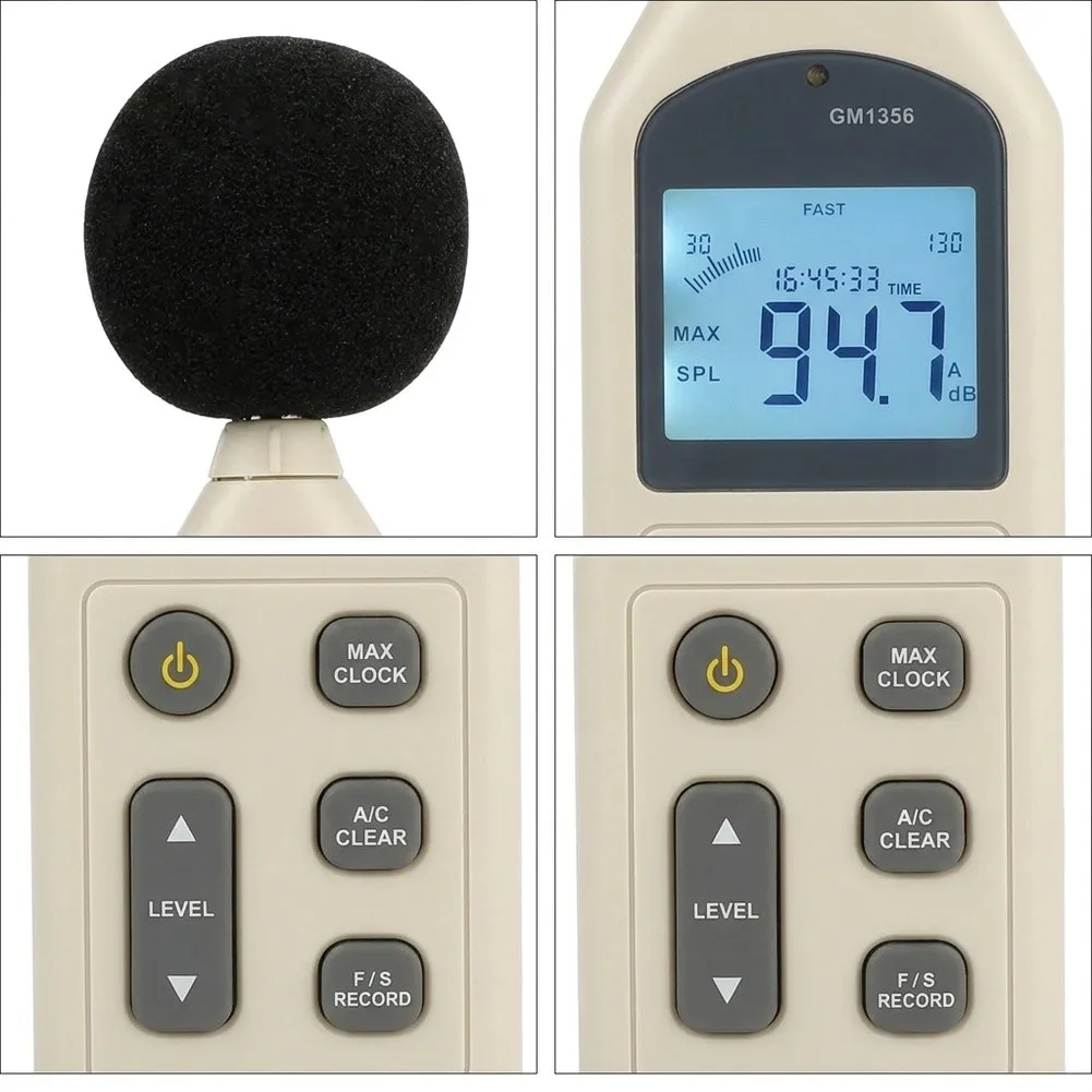 Digital Sound Level Meter GM1356 Decibel Noise Tester 30-130dB A C Weighting USB For Data Transfer Backlight For Max Hold ABS