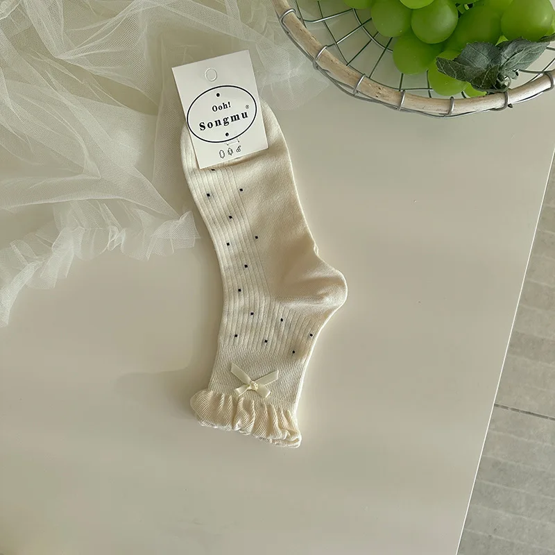 Butterfly Knot Flower Bud Edge No-Show Socks Women Spring Summer New Polka Dot Korean Style Low Cut Mid-Calf Socks