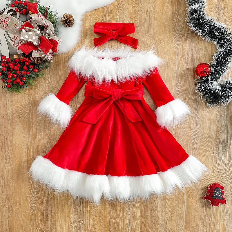 Toddler Baby Girls Christmas Red Dress Santa Costume Velvet Mesh Yarn Patchwork Plush Hem Xmas Princess Party Dress