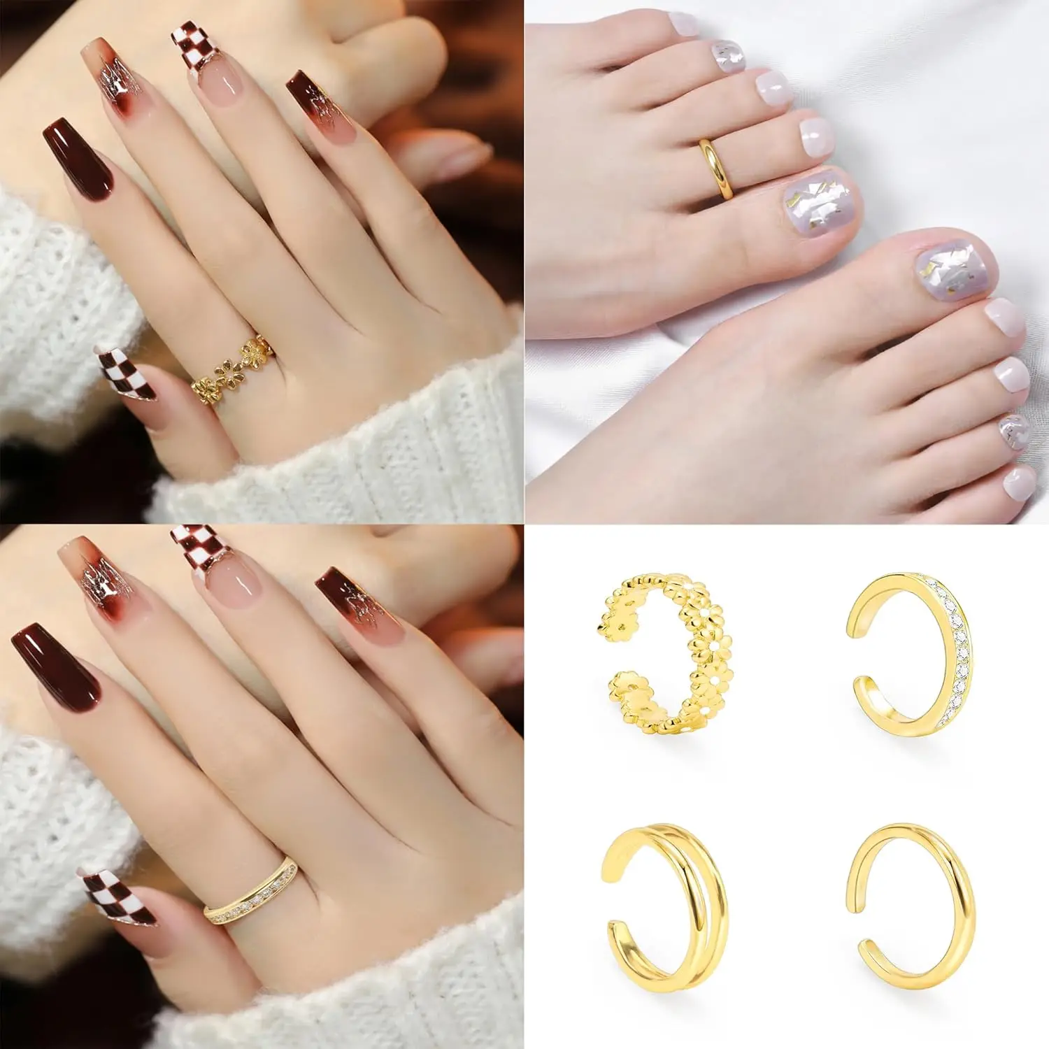 Women's 14K Gold Filled Adjustable Flower CZ Diamond Toe Ring