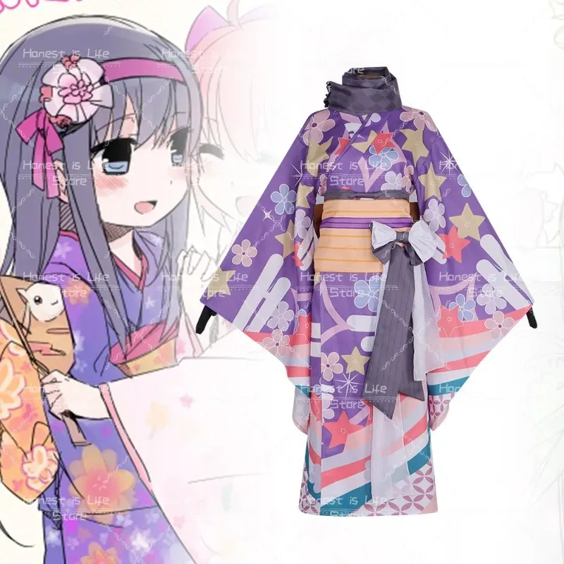 أنيمي Akemi Homura تأثيري كيمونو Puella Magi Madoka Magica زي مطبوعة موحدة فستان مجموعة حفلة اللعب الزي Wo4;v'5,f;6.j;8'
