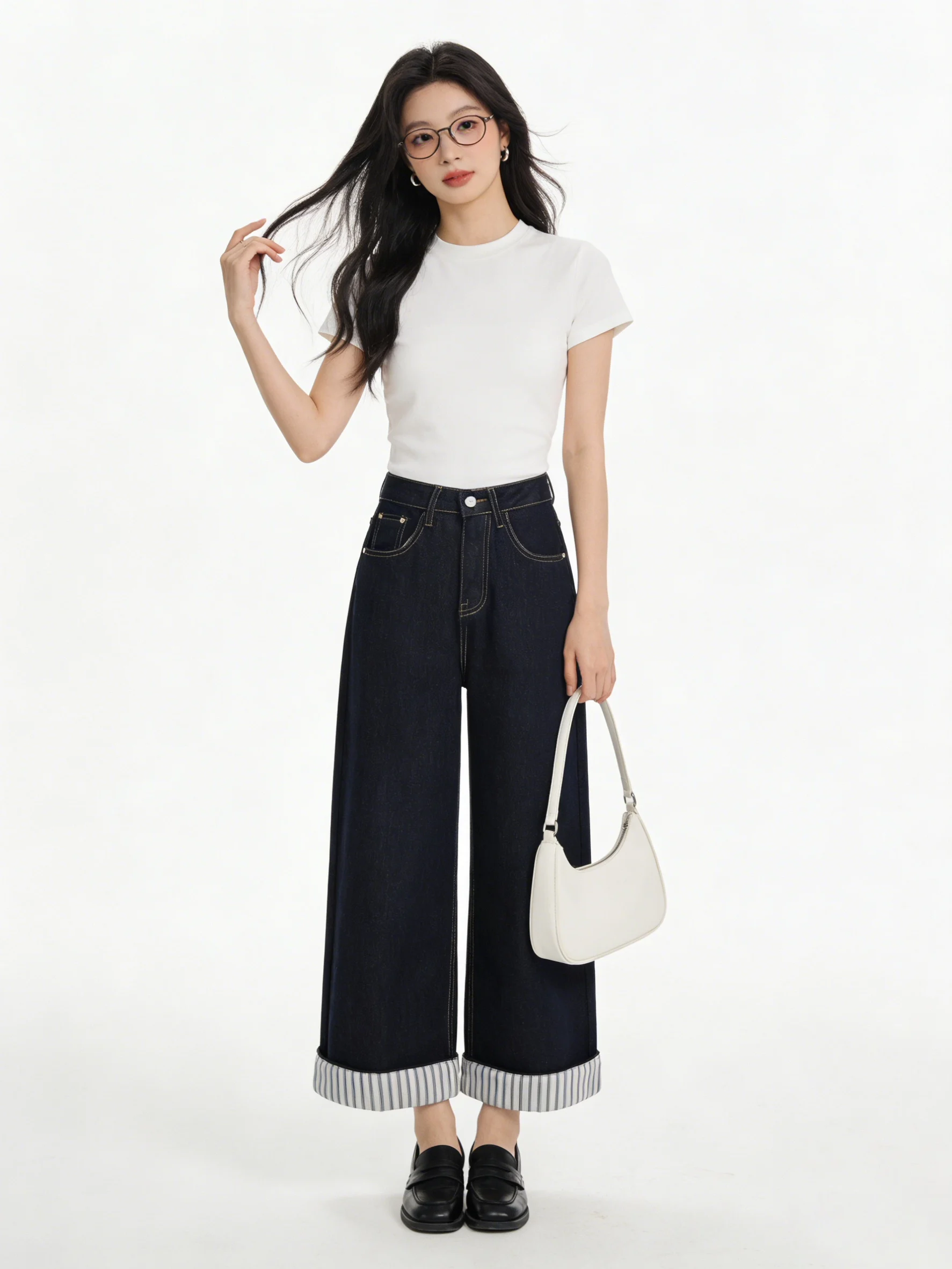 High Waist Wide Leg Straight Cut Retro Korean Style Denim Jeans Striped Patchwork Long Pants Skin-friendly Summer New Arrival