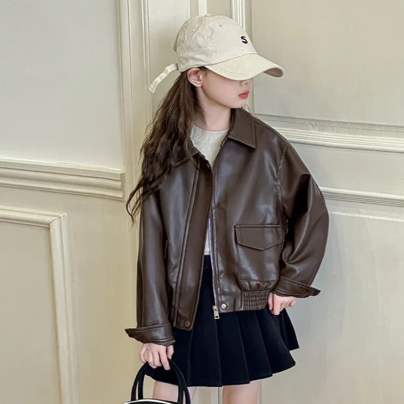 UNITIM Autumn Children Girls Leather Jackets 4-14Yrs Kids Girls Turn Down Collar Outerwear Coats Casual Young Teens Girls Jacket