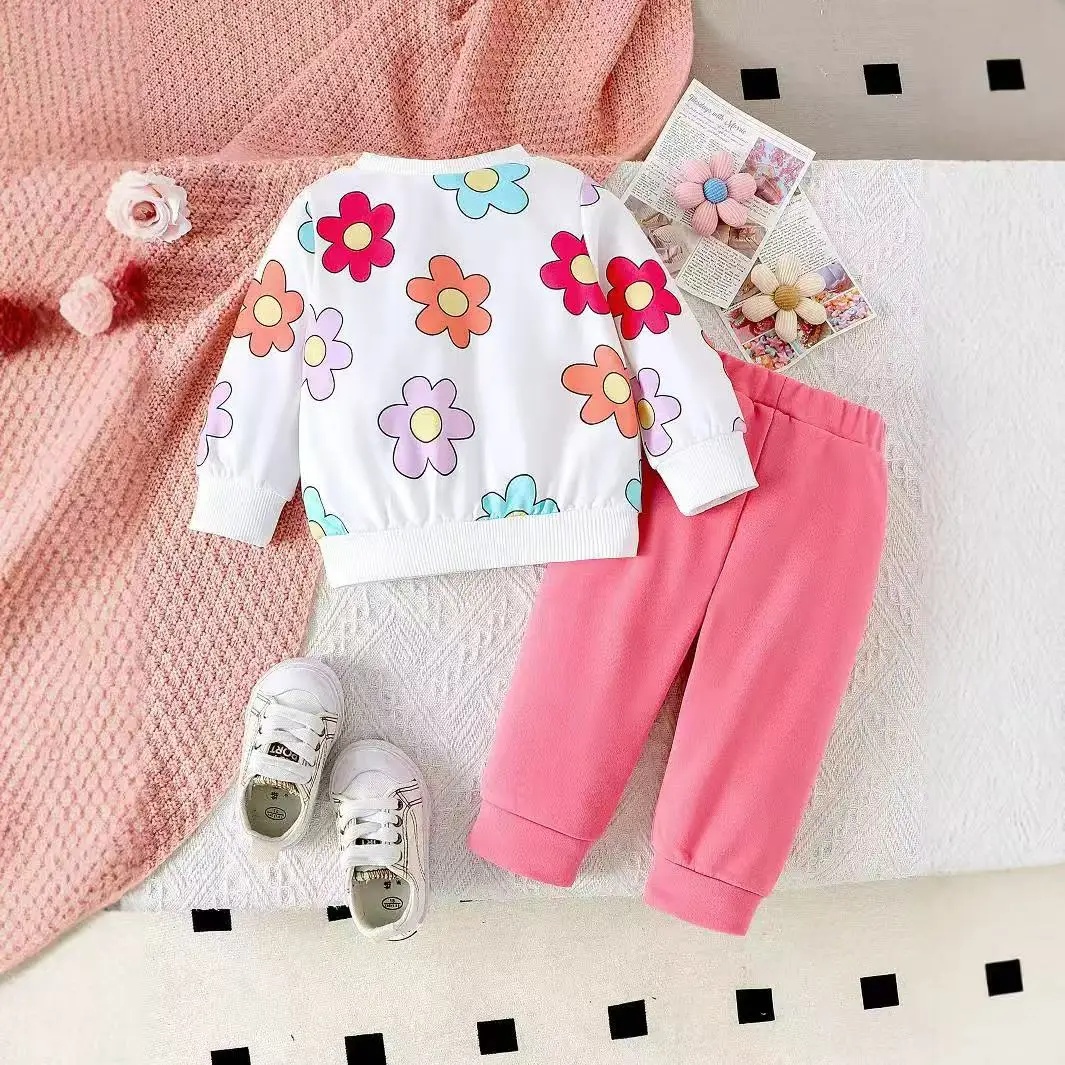 2025 New 2Pcs In Autumn Comfortable Sweet And Fashionable Flower Printed Hoodie + Pink Trousers Package For Girls Aged 0-3