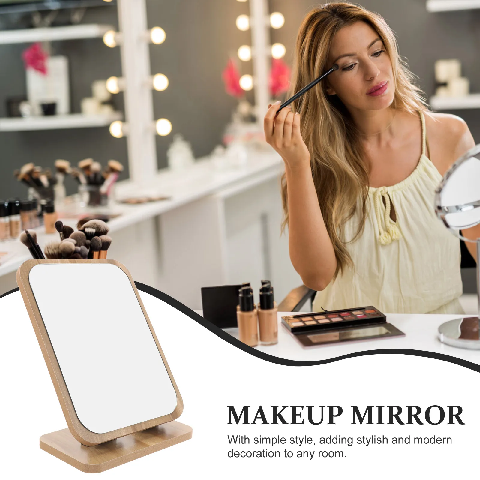 

Stylish Swivel With Wooden Stand Decorative Vanity For Bedroom Tabletop Makeup Mirror Bathroom Desktop Mirror