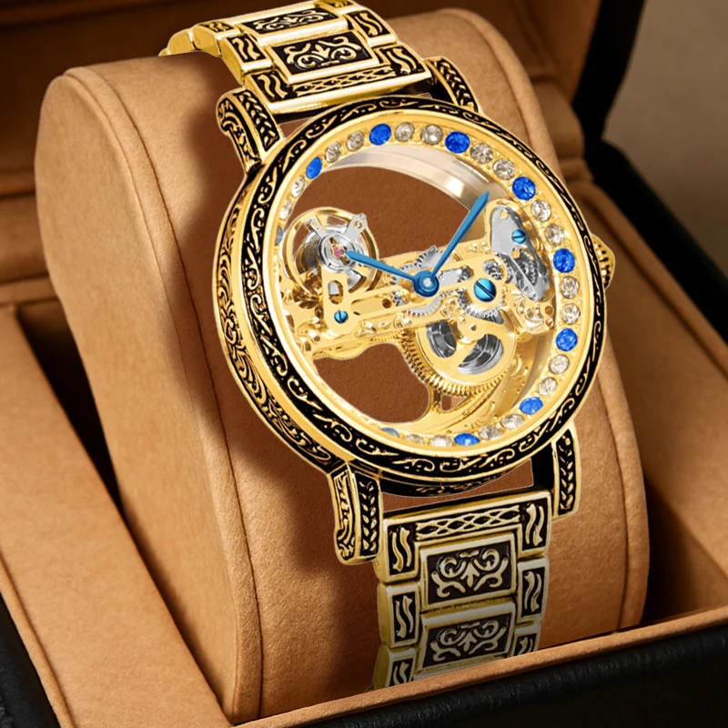 

Мужской черный и золотой стальной ремешок, классический ретро-футляр для часов с тонкой резьбой, одинарный мост, полностью автоматические механические наручные часы.