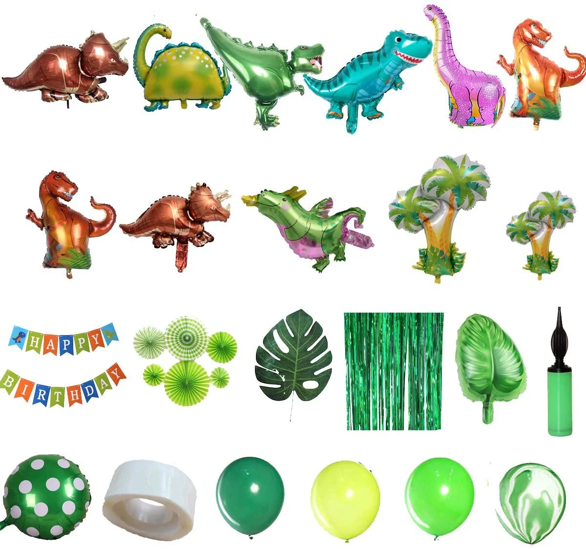 Dinosaurier-Geburtstagsparty-Dekorationsset mit Dinosaurier-Palmen-Mylar-Folienballons, Geburtstagsbanner und Papierfächerwimpel