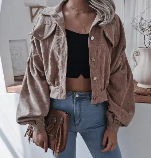 

Women's Autumn Winter Corduroy Lantern Jacket Long Sleeve Casual Short Coat Fashionable Ladies' Clothing