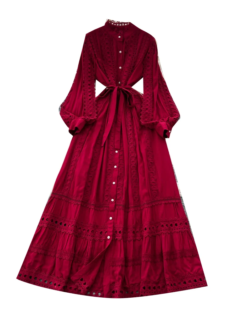 Ele Lace Splicing Lantern Sve Dr Dames lang Dr Court Sle Hoge taille Polyestervezel A-lijn Zomer Dr