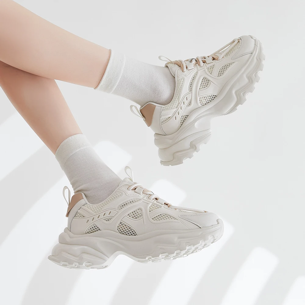 SOMILISS Women Platform Chunky Sneakers Genuine Leather Mesh Lace Up Round Toe Breathable Ladies Casual Sneaker Shoes Handmade