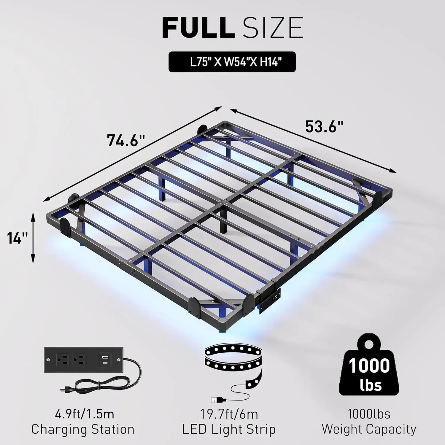 14 Inch Floating Full Bed Frame with Smart LED Lights and Charging Station, Modern Metal Full Bed Frame, Easy to Assemble, No Bo