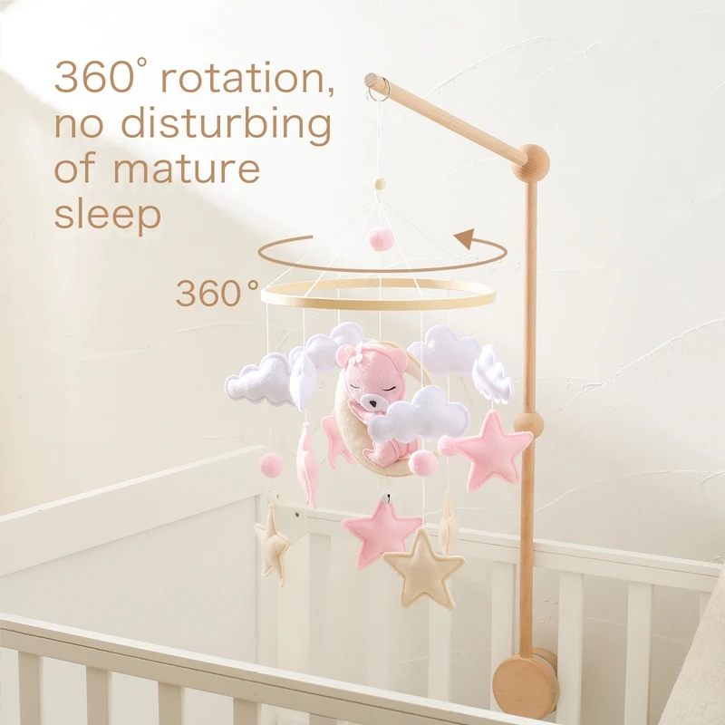 Bebê Cama de madeira Bell com suporte, Berço Chocalhos, Soft Felt Cartoon Urso Brinquedos, Cabide, Brinquedo de madeira, Kid Presentes