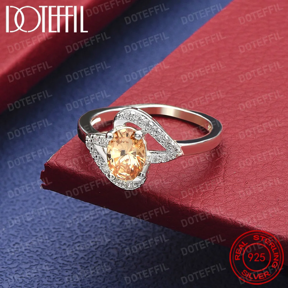 

925 Sterling Silver Orange Crystal Ring For Woman Wedding Engagement Party Jewelry
