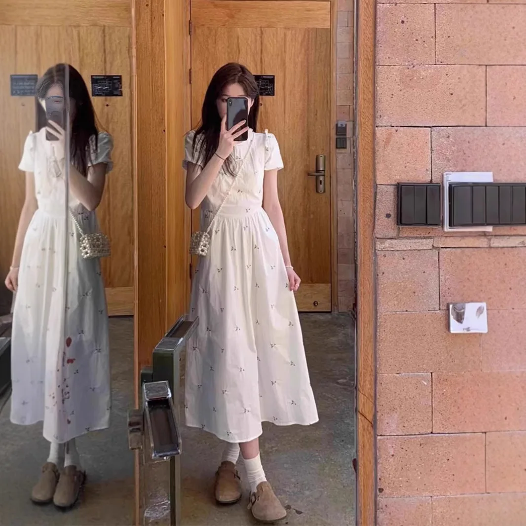 

New Chinese Style Floral Print Women's Dress Waist Cinched Midi Fairy Skirt Spring 2026 A-Line Short Sleeve round Neck