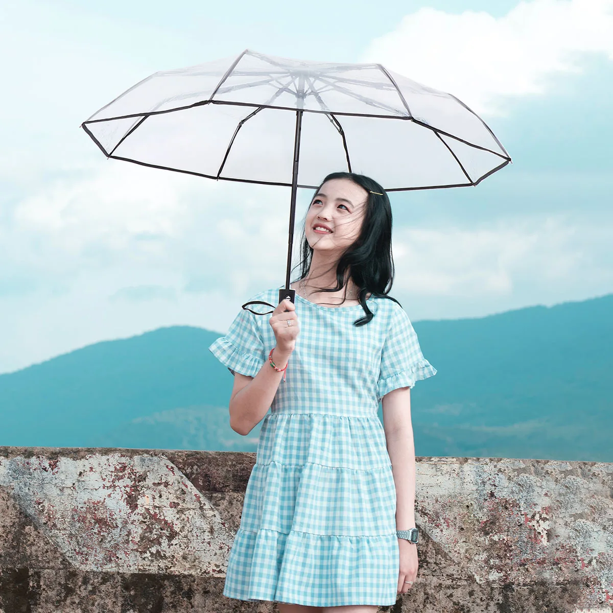 

Foldable Umbrella Black Trim Transparent Automatic Quick Dry for Rainy Sunny Days Waterproof Coating Ladies Travel