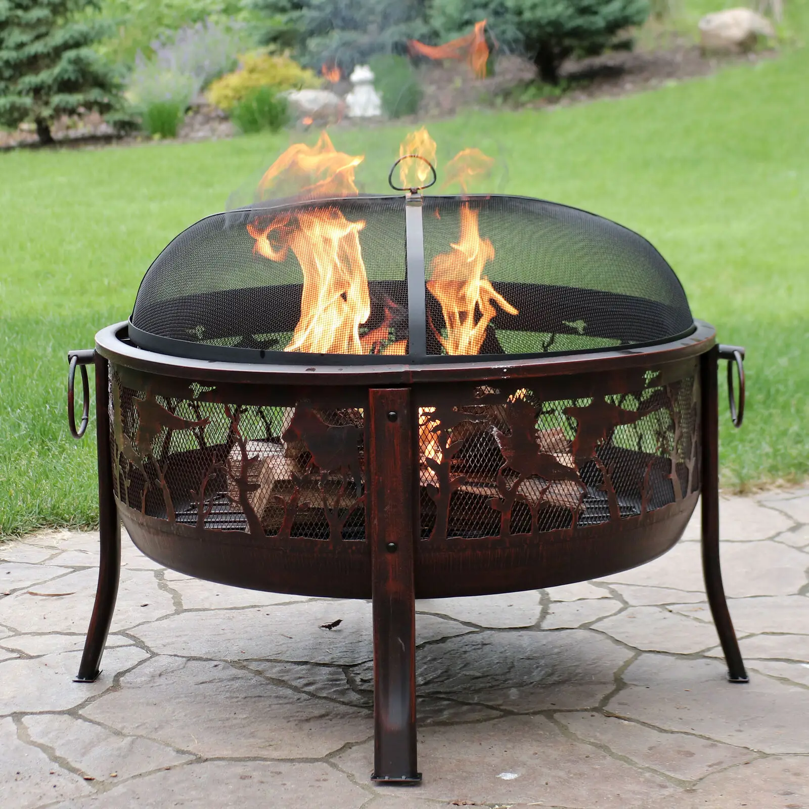 30 in Pheasant Hunting Steel Fire Pit with Spark Screen - Bronze by Sunnydaze