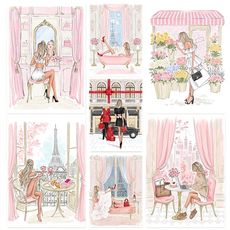1PC--Glamorous Fashion Illustration Girl Putting Makeup Shop Afternoon Tea Nordic Poster Canvas Painting Print Coffee Shop Ro