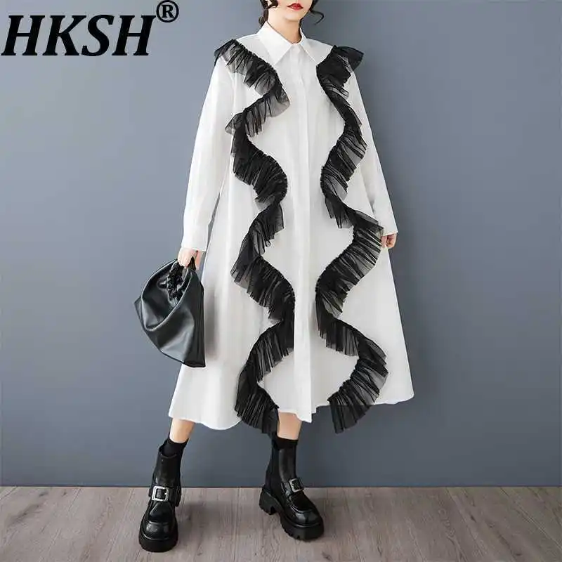 Hksh primavera outono nova camisa feminina vestido babados malha retalhos único breasted manga longa ins casual vestidos de grandes dimensões hk13768