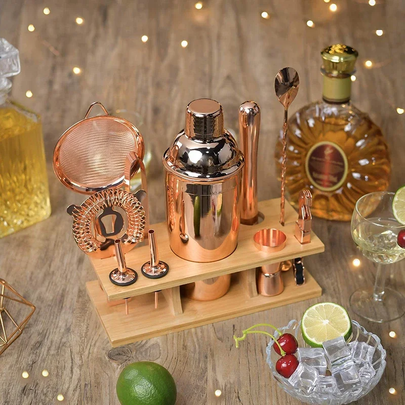 Shaker set, rose gold, wooden frame 11-piece set 304 stainless steel snow cup professional cocktail shaker