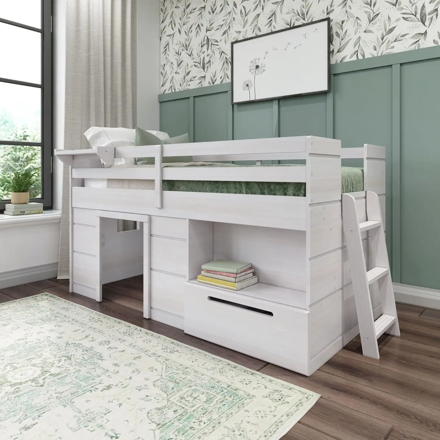 Loft Bed Twin Size, Solid Wood Low Loft Bed With Storage Drawer And Ladder, Modern Farmhouse Loft Bed For Kids, White Wash