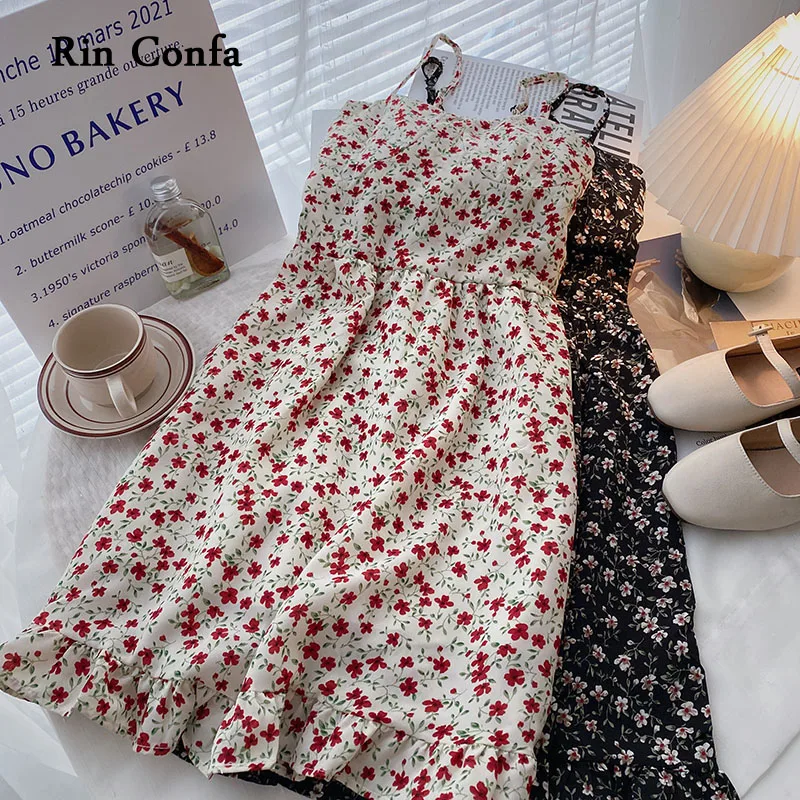 

Rin Confa Women Summer New Style Sweet Small Floral Dress Korean Fashion Prairie Chic Camisole Dress Thin All-Match Ruffles Skir