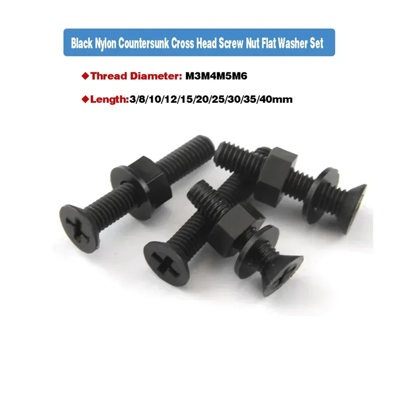 Black Nylon Countersunk Cross Head Screw Nut Washer Set M3 to M6 Plastic Insulated Bolt
