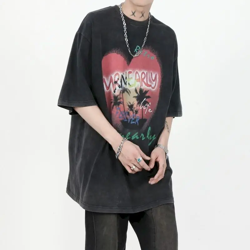 Oversized T-shirts Original Summer Trend American Style Tops Coconut Tree Love Printed Washed Short Sleeved T Shirt Men Women