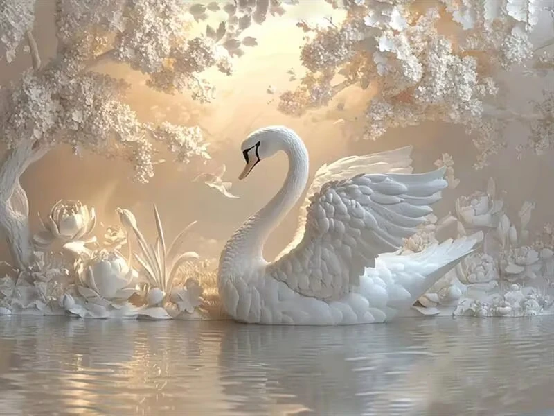 

DIY Dreamy White Swan Lake Jigsaw Puzzle, Serene Watercolor Landscape with Blooming Trees Gifts for Teenagers and Adults
