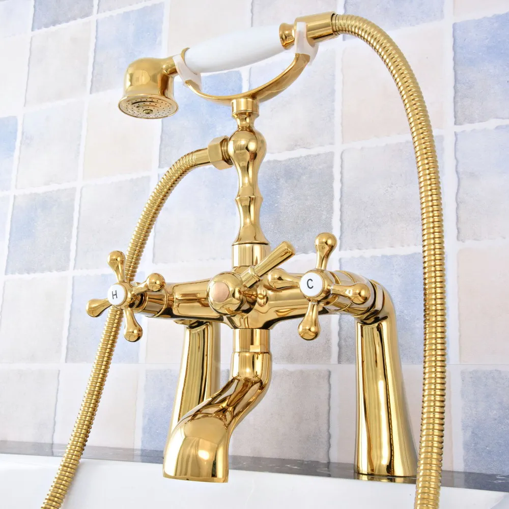 Luxury Gold Color Brass Deck Mounted Bathroom Tub Faucet Set with 1.5M Handheld Shower Spray Head Bath Mixer Tap 2tf785