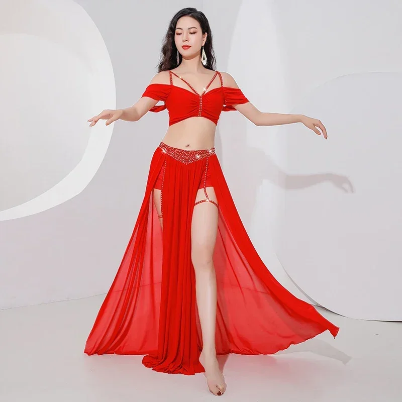 

Sling Top Off Shoulder Sleeves Split Skirt Practice Clothes Aldult Oriental Women Dancing Performance Clothing Belly Dance Suit