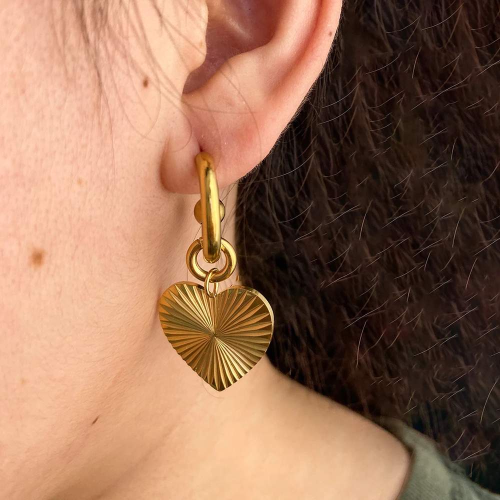 Waterproof & Tarnish Free Fashion Big Heart Carved C - Shape Hoop Earring Stainless Steel Jewelry