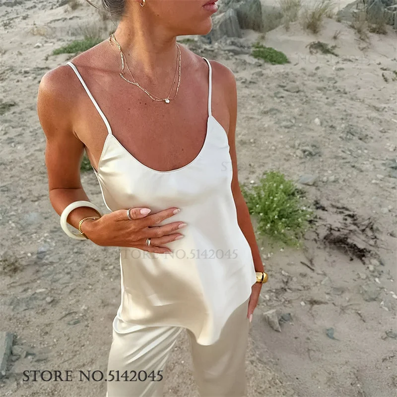 Summer Female Suspender Trouser Suits Pajamas Sexy Sleeveless Pijamas Suit Home Clothes Loose Silky Satin Lingerie Loungewear 2