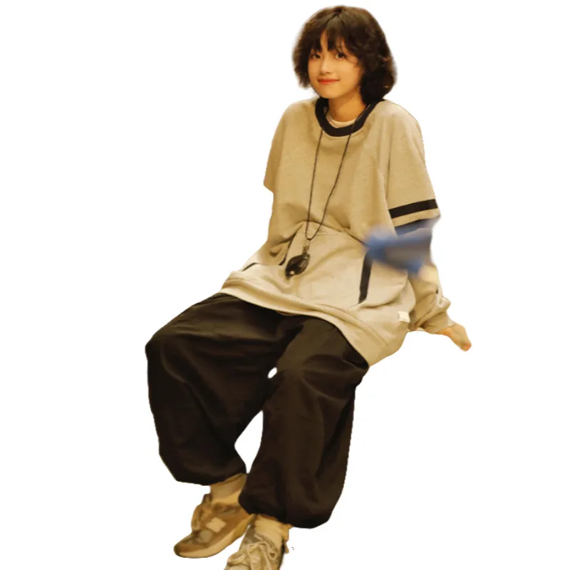 Japanese Retro Kangaroo Pocket Patchwork Color Block Hoodie Unisex Loose Versatile Crew Neck Raglan Sleeve Sweatshirt