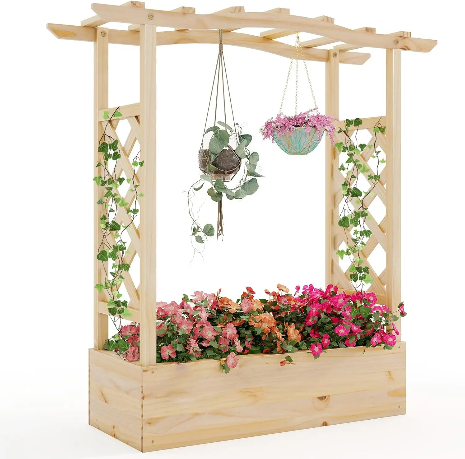 

Elevated Wood Planter Box with Trellis, Drainage System & Hanging Roof for Climbing Vines, Patio Balcony Garden
