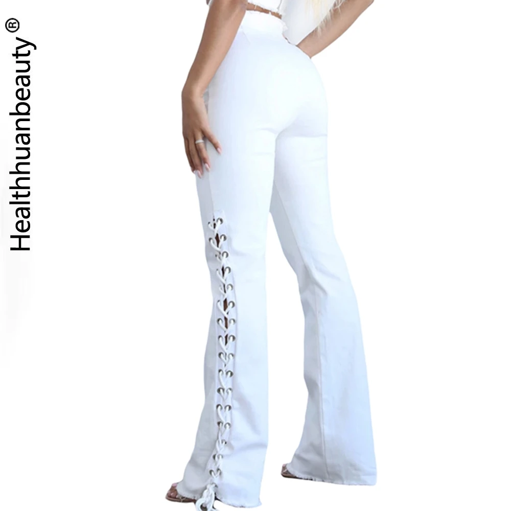 

Summer Sexy High Waist Hip Side Bandage S-2XL White Denim Stretch Women Slim Fit Jeans Women HBP90