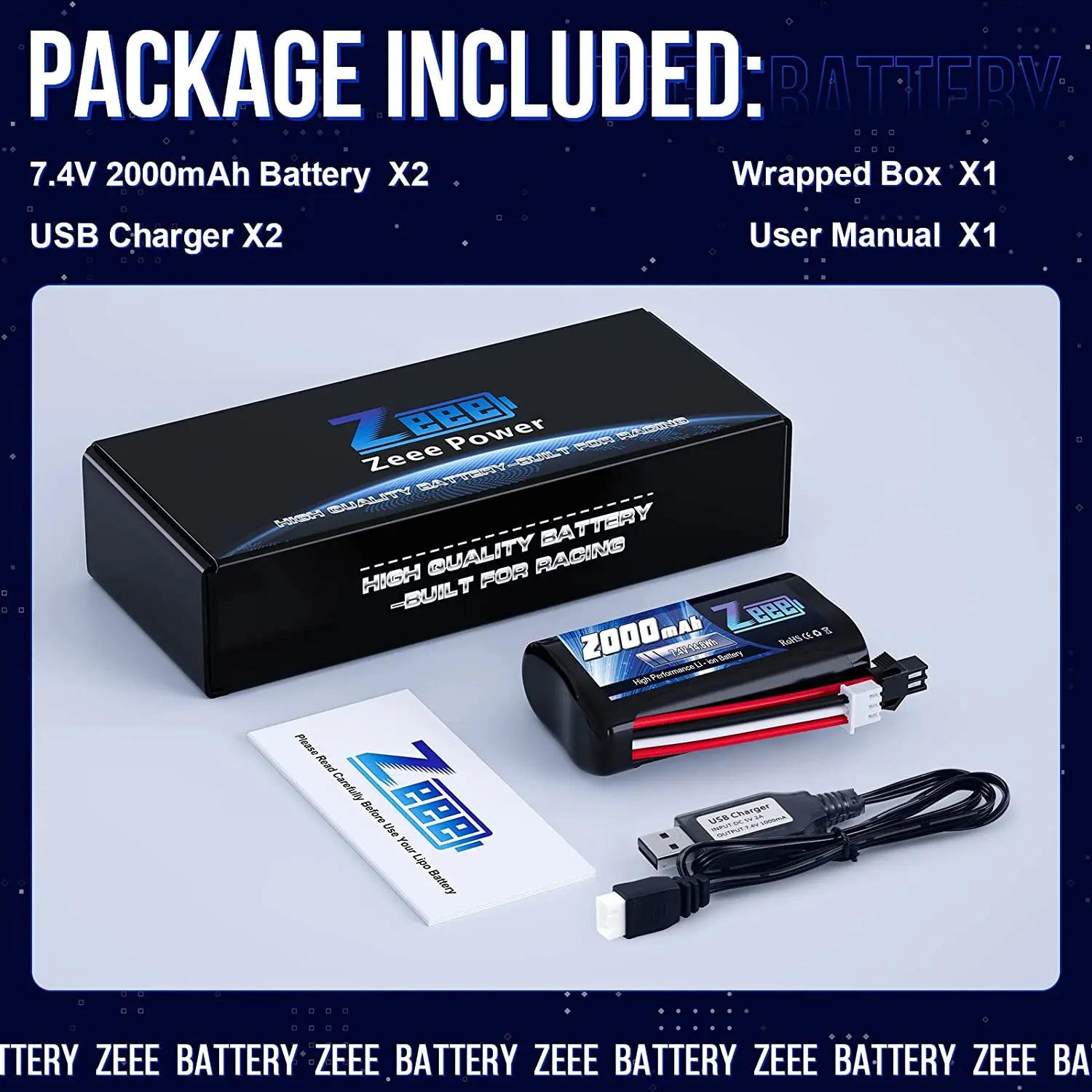 2Units Zeee 2S Li-ion Battery 7.4V 2000mAh Battery with SM 2P Connector 2 USB Charger for RC Cars Trucks FPV Racing Hobby Parts