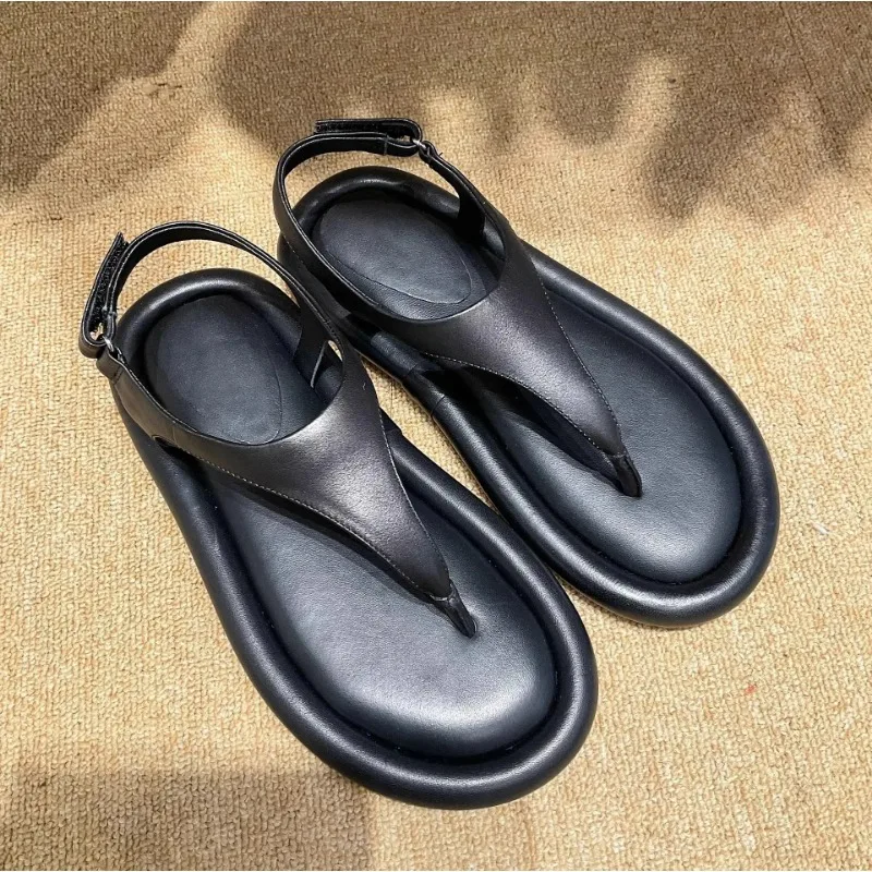 Fashion Beach Women Sandals Black White Leather Summer Shoes Ankle Buckle Flats Simple Round Toe Sandalias Comfortable Flip Flop