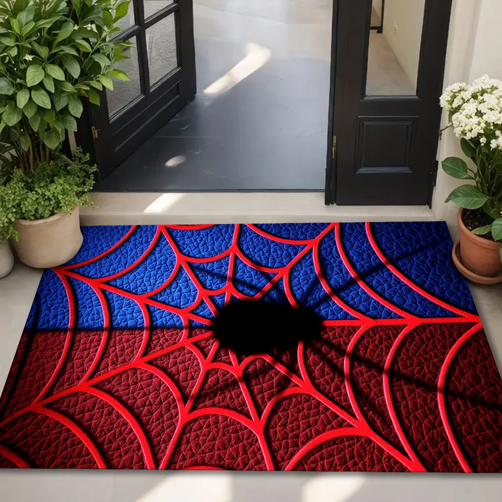 Spider Web Door Mat, Red Blue Comic Style Floor Rug, Halloween Horror Entrance Carpet, Non-slip Funny Home Decor for Party