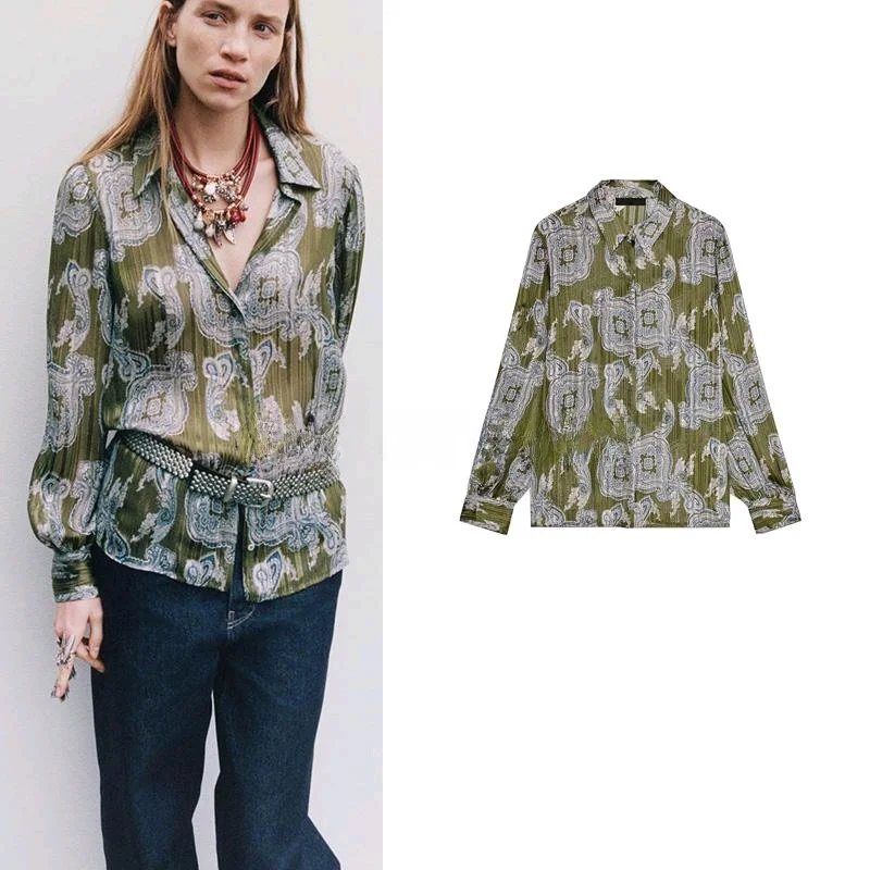 

Spring New Arrival Women's Retro Sle Long Sve Collar Printed irt Metal Color Tead ZA 253949 Casual Commute Pol...
