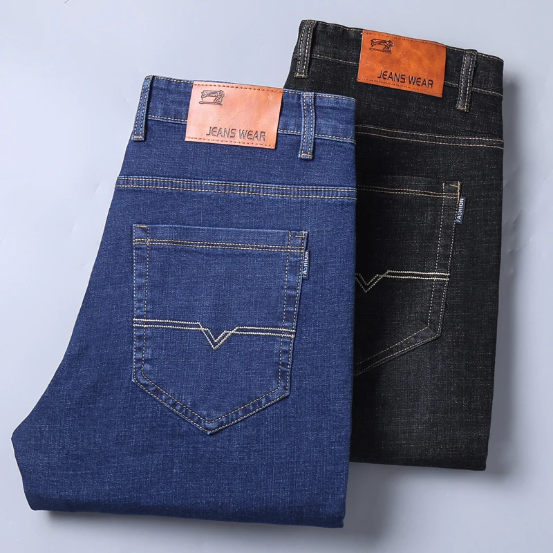 Calça jeans reta casual masculina, roupa elástica, com botão que combina com tudo, zíper, calça de cintura média, primavera, outono, nova, 2024