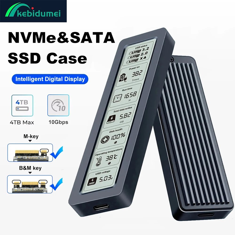

Корпус SSD M.2 NVME SATA SSD Корпус 10 Гбит/с M.2 к USB Type C Интеллектуальный цифровой дисплей Внешний адаптер SSD Box Поддержка UASP