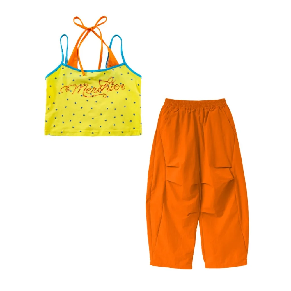 New Jazz Performance Outfit Orange Yellow Cami Top Matching Set Trendy Cool Sleeveless Streetwear Summer Stage Dance Tracksuit