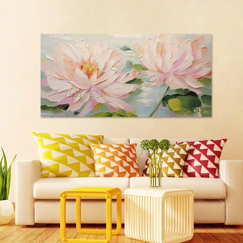 Acrylic Canvas Art Wall Unframed Modern Blooming Lotus Floral Abstract Painting Large Size Pond Beautiful Pictures Of Flowers