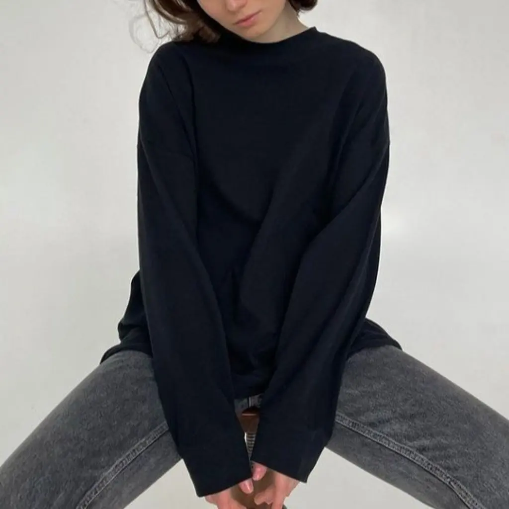 

Women's Pure Cotton Long-Sleeved T-Shirt 220g Knitted Loose Fit Threaded Cuffs European American Style Top for Casual Wear