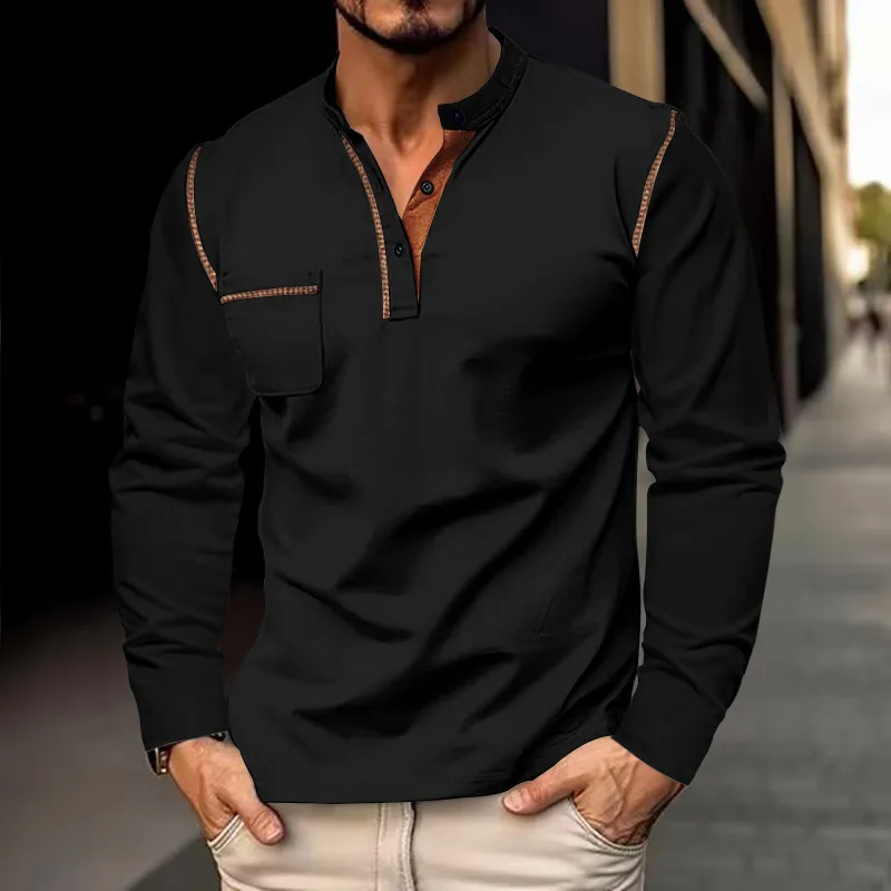 Men's Long Sleeve Henley Shirt Contrast Stitching Stand Collar Button Placket Chest Pocket Casual Top